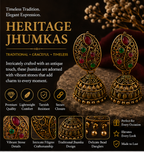 Antique Gold Oval Filigree Jhumka with Red & Green Stones