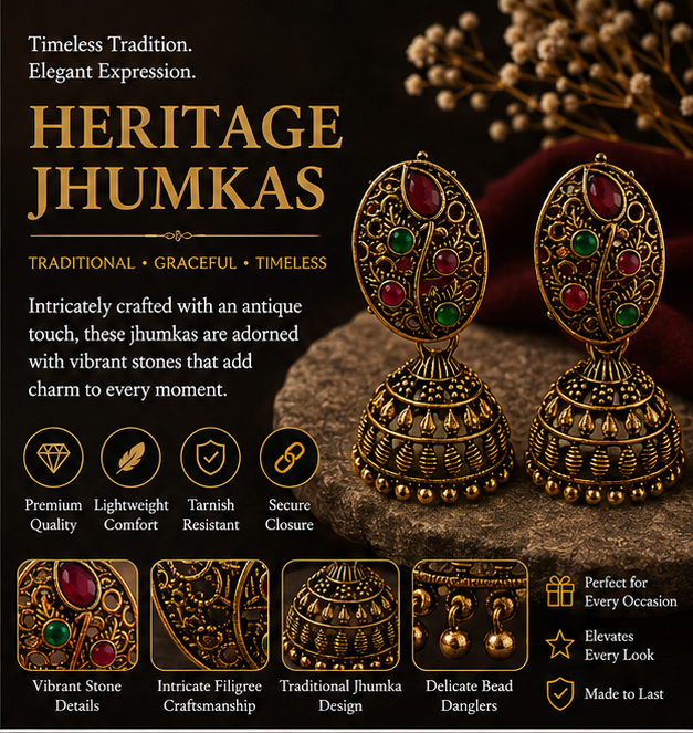 Antique Gold Oval Filigree Jhumka with Red & Green Stones