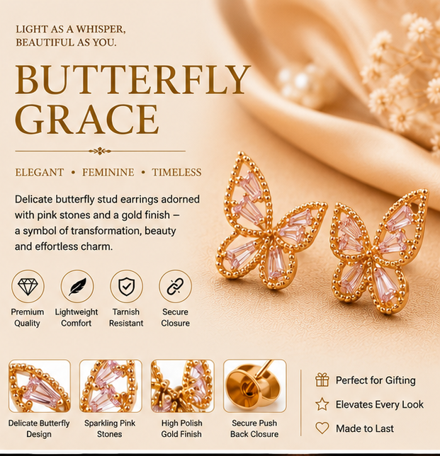 Pink Crystal Butterfly Stud Earrings