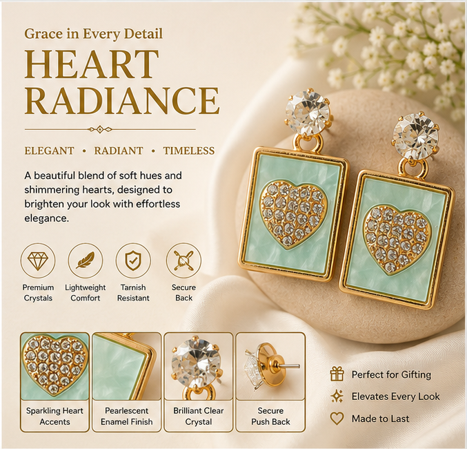 Gold Mint Heart Rectangle Drop Earrings