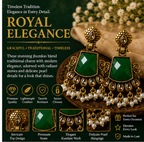 Antique Gold Emerald Green Stone Chandbali with Kundan & Pearl Drops