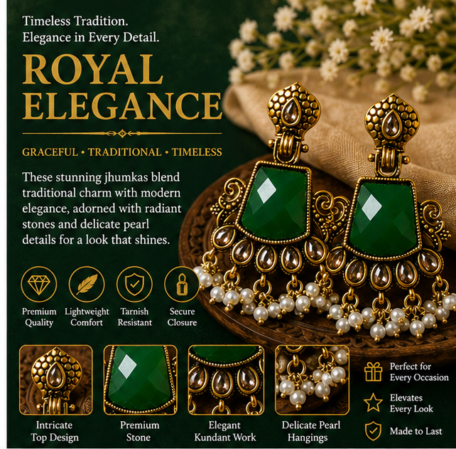 Antique Gold Emerald Green Stone Chandbali with Kundan & Pearl Drops