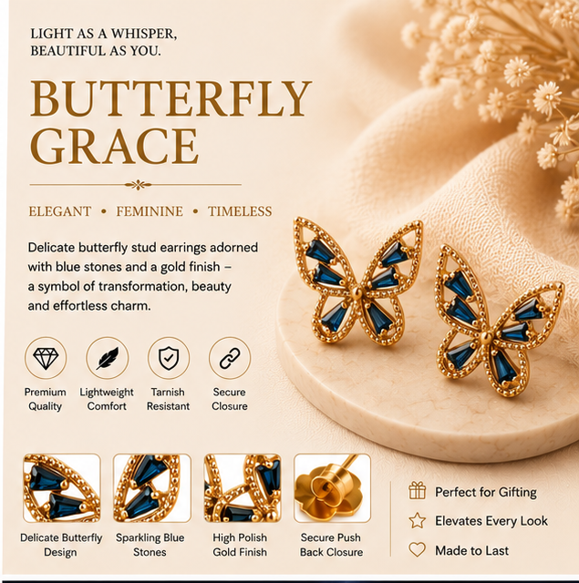 Blue Crystal Butterfly Stud Earrings