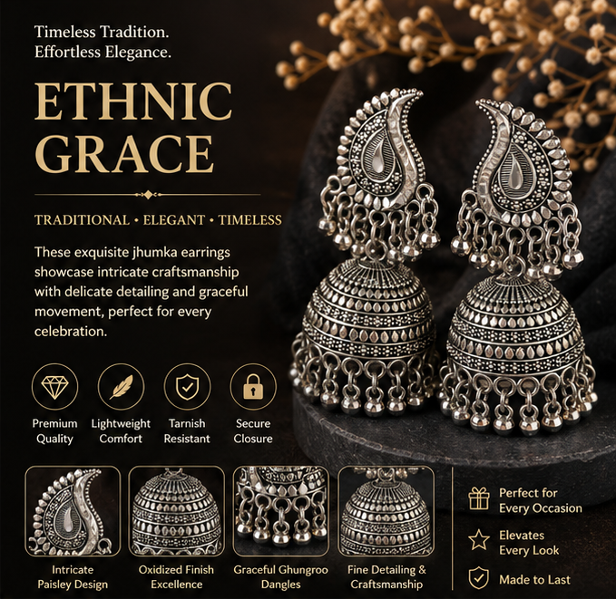 Oxidised Silver Paisley Jhumka Earrings with Ball Fringe