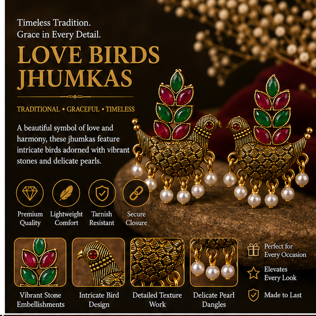 Antique Gold Love Bird Earrings with Pearl Drops