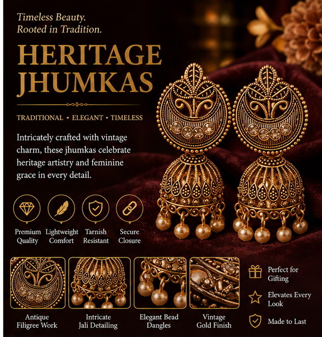 Antique Copper Crescent Arch Jhumka with Crystal Studs