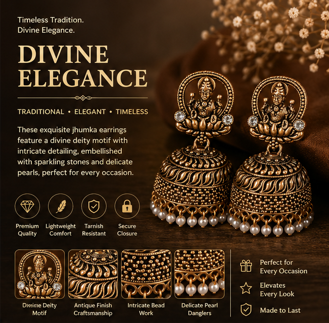 Antique Gold Temple Deity Jhumka with Pearl Drops