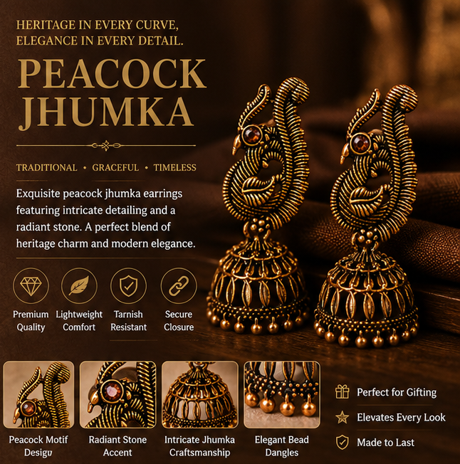 Oxidised Copper Peacock Jhumka with Brown Stone