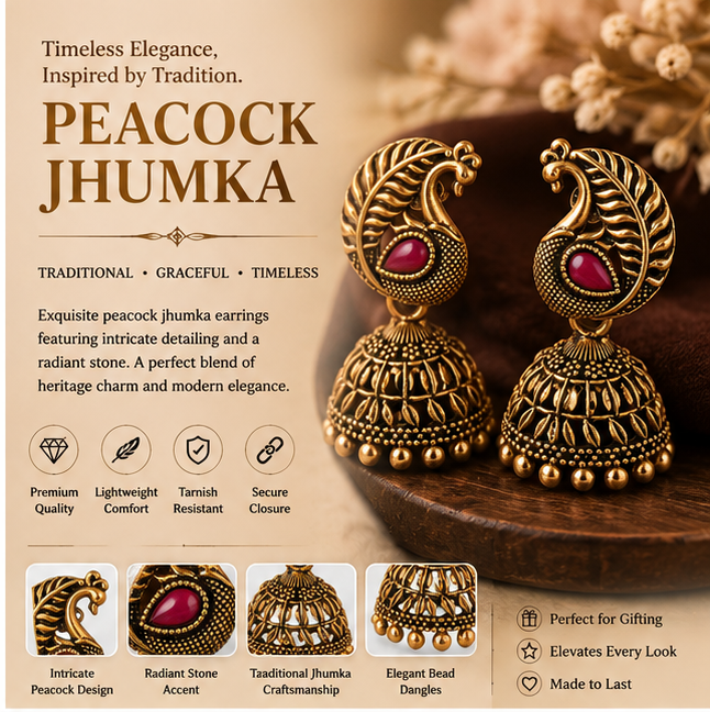 Antique Gold Peacock Jhumka with Ruby Stone