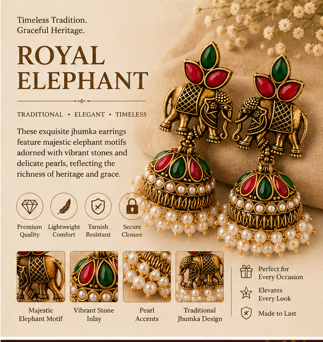 Antique Gold Elephant Jhumka with Red-Green Stones & Pearl Fringe