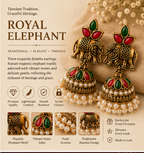 Antique Gold Elephant Jhumka with Red-Green Stones & Pearl Fringe