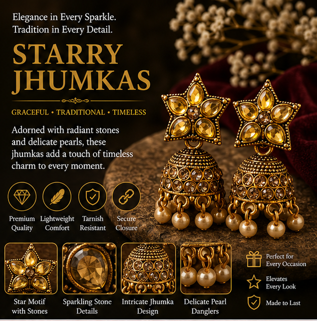Antique Gold Star Stud Jhumka with Champagne Stones