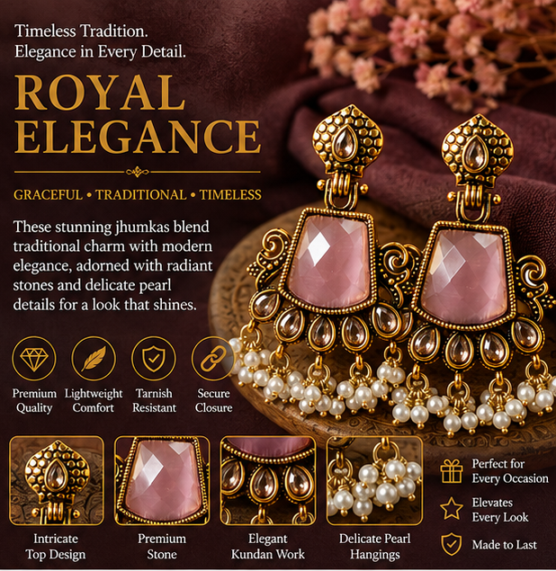 Antique Gold Pink Stone Chandbali with Kundan & Pearl Drops