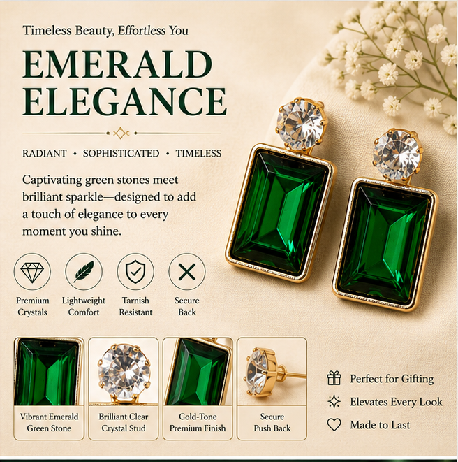 Gold Emerald Green Crystal Drop Earrings