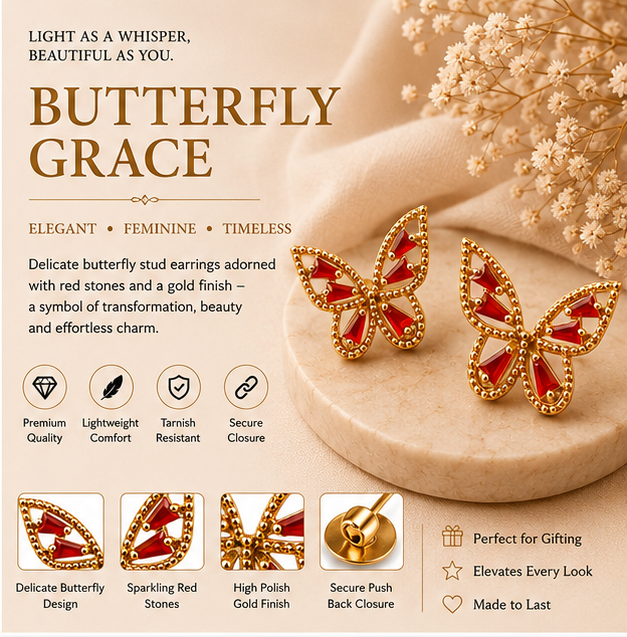 Red Crystal Butterfly Stud Earrings