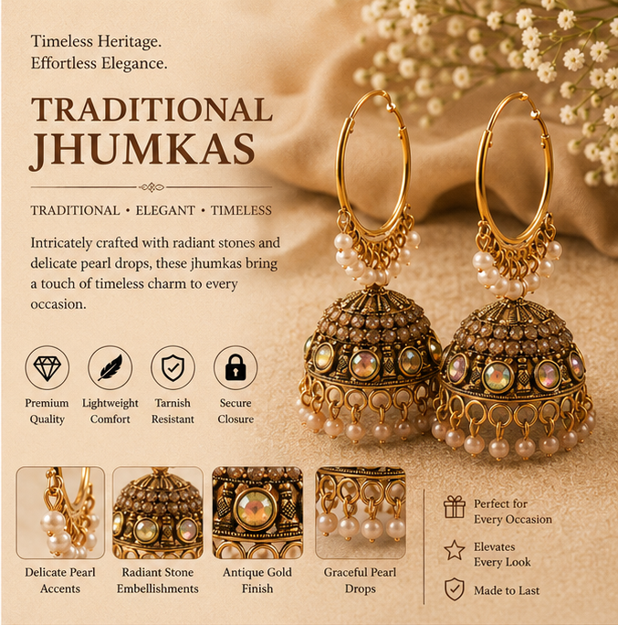 Antique Gold Hoop Jhumka with Aurora Stones & Pearl Fringe