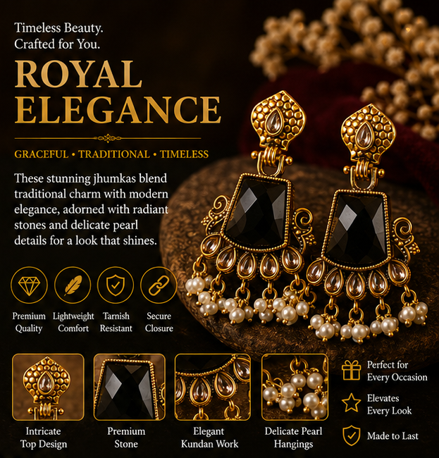 Antique Gold Black Stone Chandbali with Pearl Drops