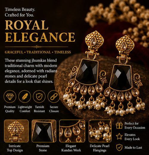 Antique Gold Black Stone Chandbali with Pearl Drops