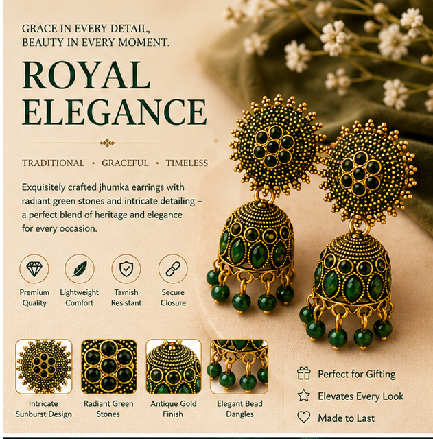 Green Stone Antique Gold Jhumka Earrings with Sun Stud