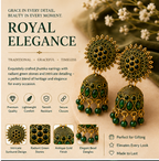Green Stone Antique Gold Jhumka Earrings with Sun Stud