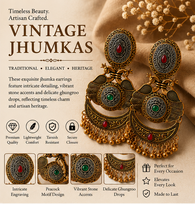 Antique Gold Peacock Oval Stud Chandbali with Bead Drops