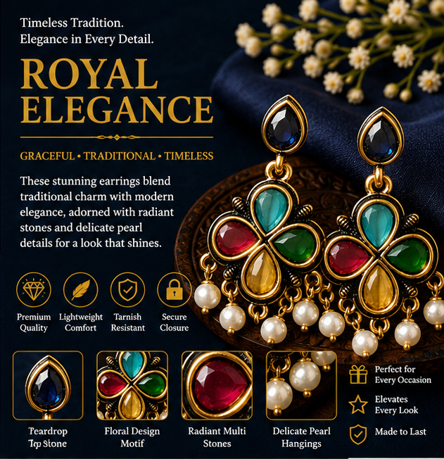 Antique Gold Multicolour Clover Drop Earrings with Pearl Fringe