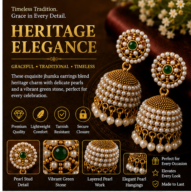 Antique Gold Pearl-Encrusted Jhumka with Green Stone Stud