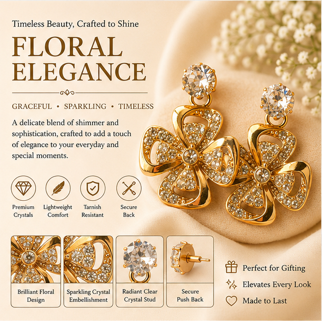 Gold Crystal Floral Drop Earrings