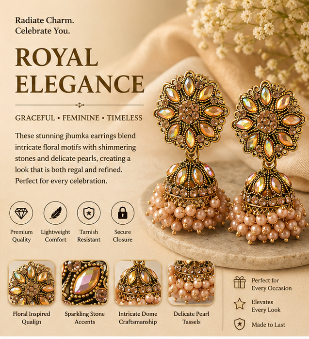 Antique Gold Aurora Crystal Flower Stud Jhumka with Pearls