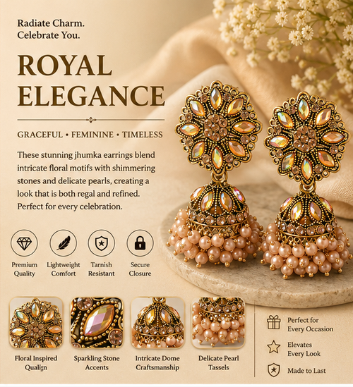 Antique Gold Aurora Crystal Flower Stud Jhumka with Pearls