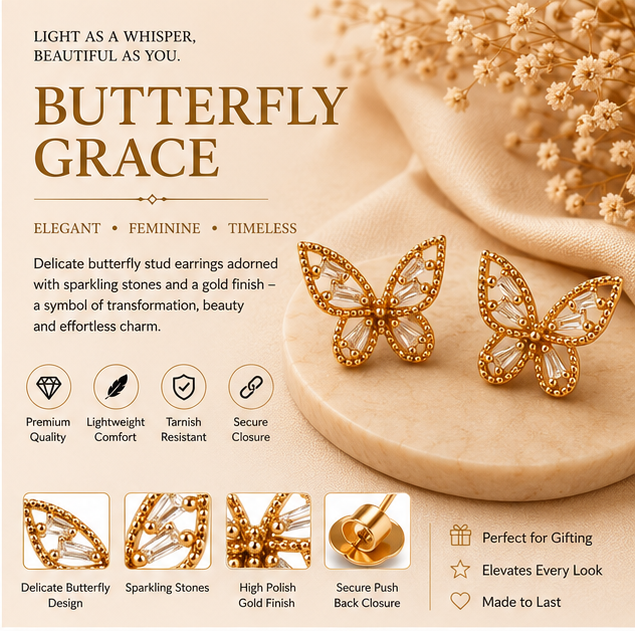 Clear Crystal Butterfly Stud Earrings