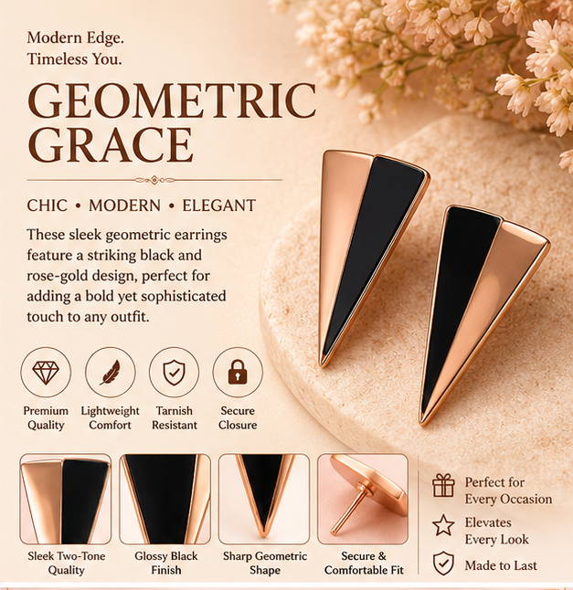 Rose Gold & Black Enamel Triangle Stud Earrings
