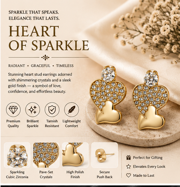 Gold Twin-Heart Pavé Crystal Stud Earrings
