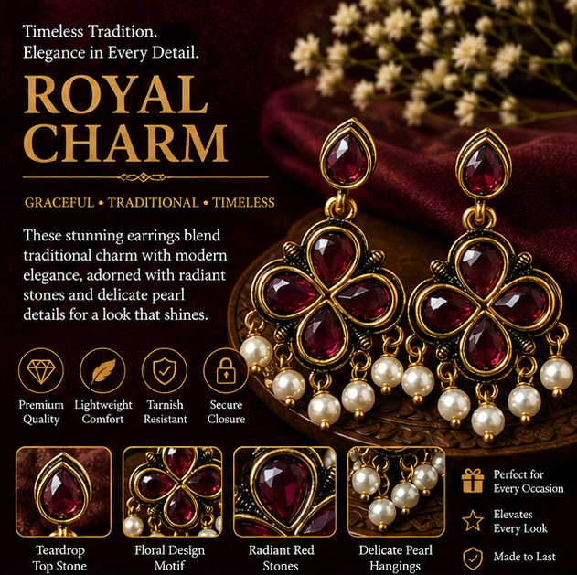 Antique Gold Ruby Clover Drop Earrings with Pearl Fringe