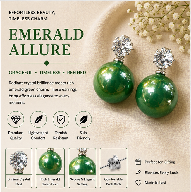 Silver Emerald Green Pearl Stud Earrings