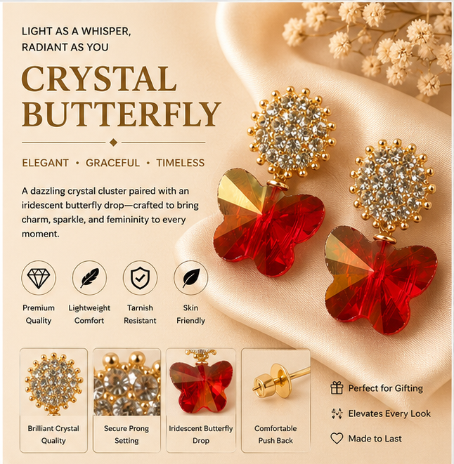 Gold Ruby Butterfly Crystal Earrings