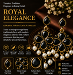Antique Gold Black Stone Clover Drop Earrings with Pearl Fringe