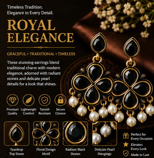 Antique Gold Black Stone Clover Drop Earrings with Pearl Fringe