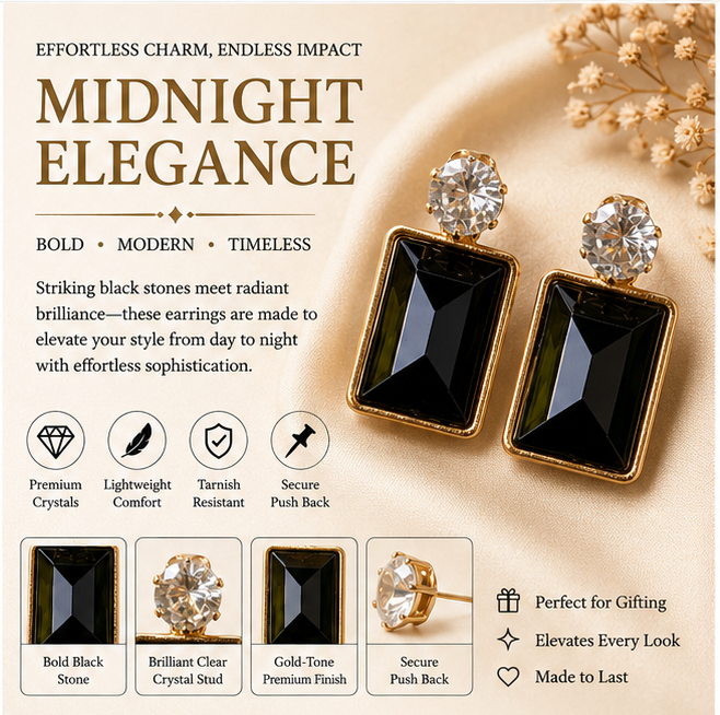 Gold Black Crystal Drop Earrings