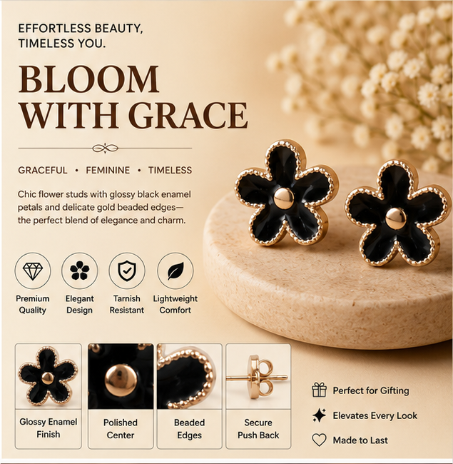 Rose Gold Black Floral Stud Earrings