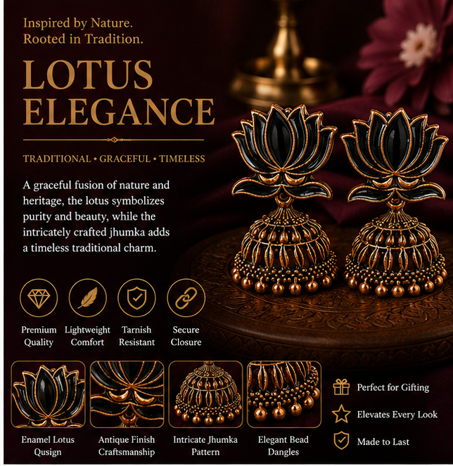 Black Enamel Lotus Jhumka Earrings — Copper Tone