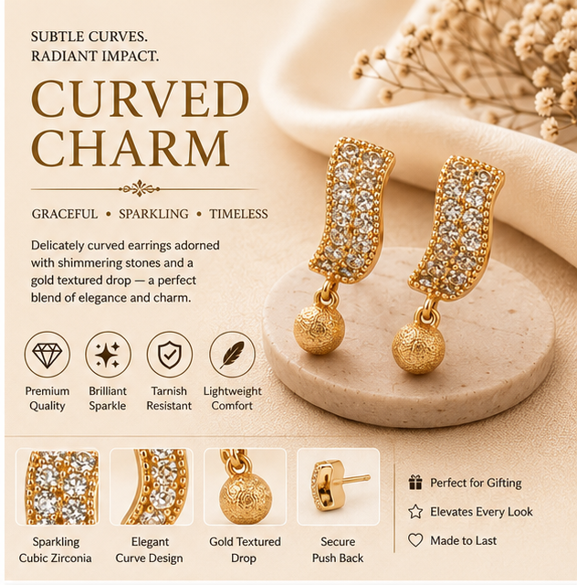 Gold Wave Crystal & Textured Ball Drop Earrings