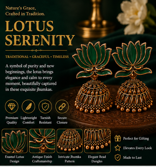Green Enamel Lotus Jhumka Earrings
