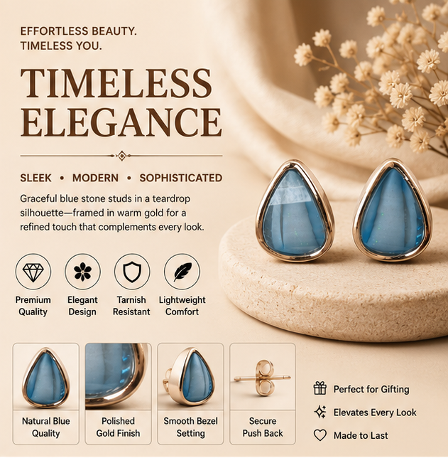 Rose Gold Blue Teardrop Stud Earrings