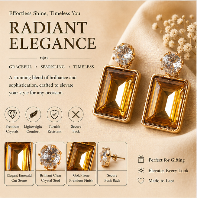 Gold Amber Emerald Crystal Drop Earrings