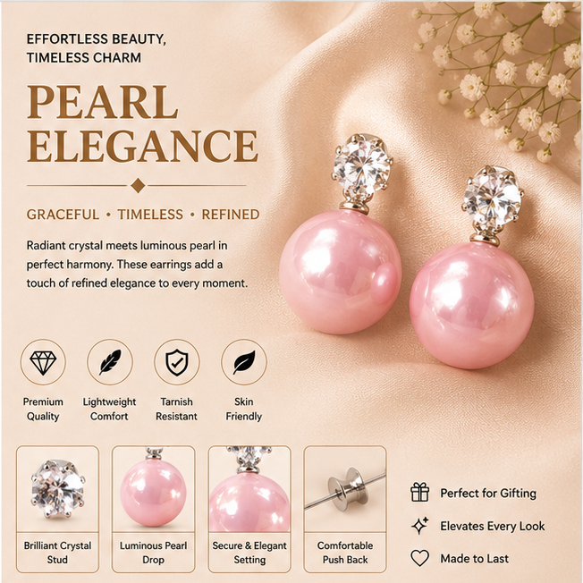 Silver Pink Pearl Stud Earrings
