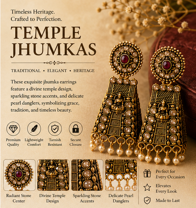 Antique Gold Temple Deity Bell-Shaped Jhumka with Pearls