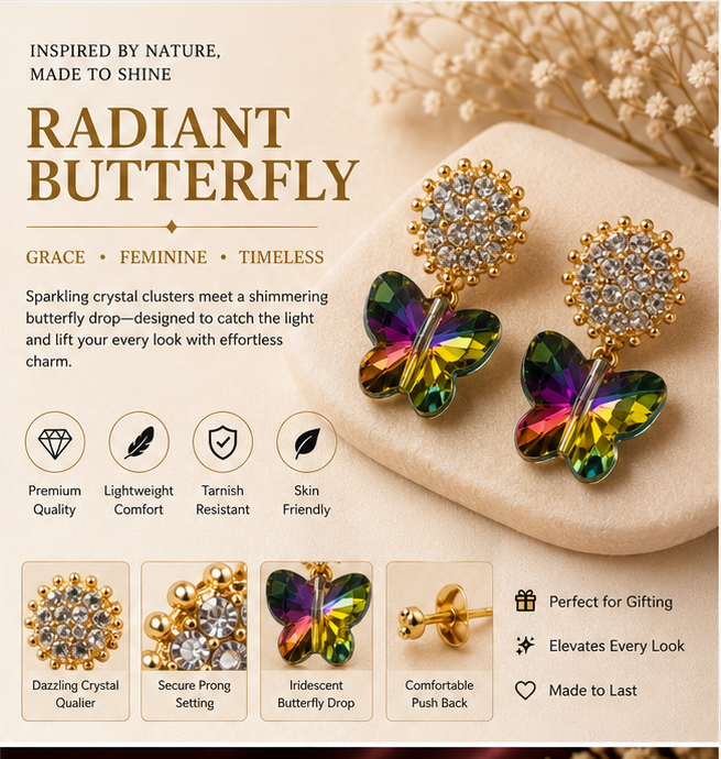 Gold Rainbow Butterfly Crystal Earrings