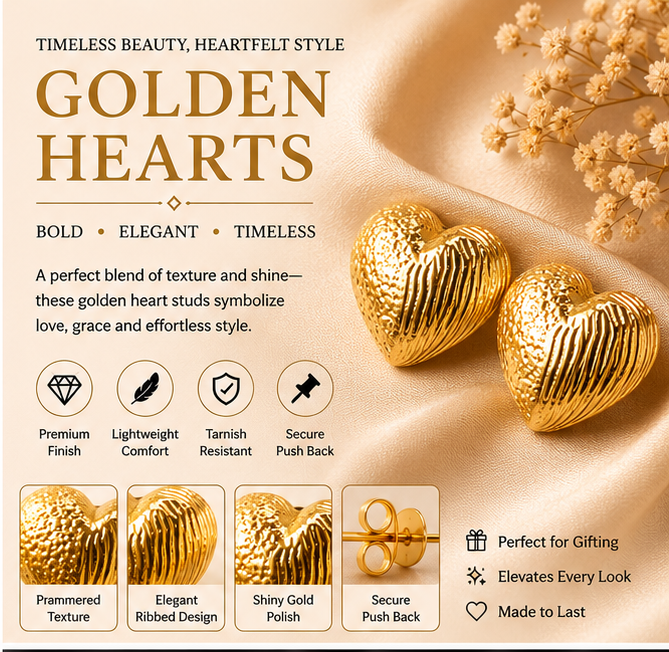Gold Textured Heart Stud Earrings