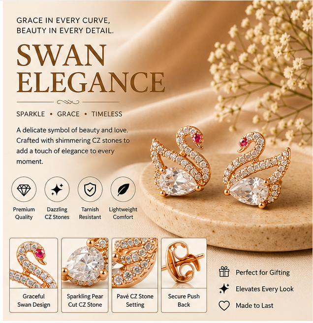 Rose Gold Swan Crystal Stud Earrings